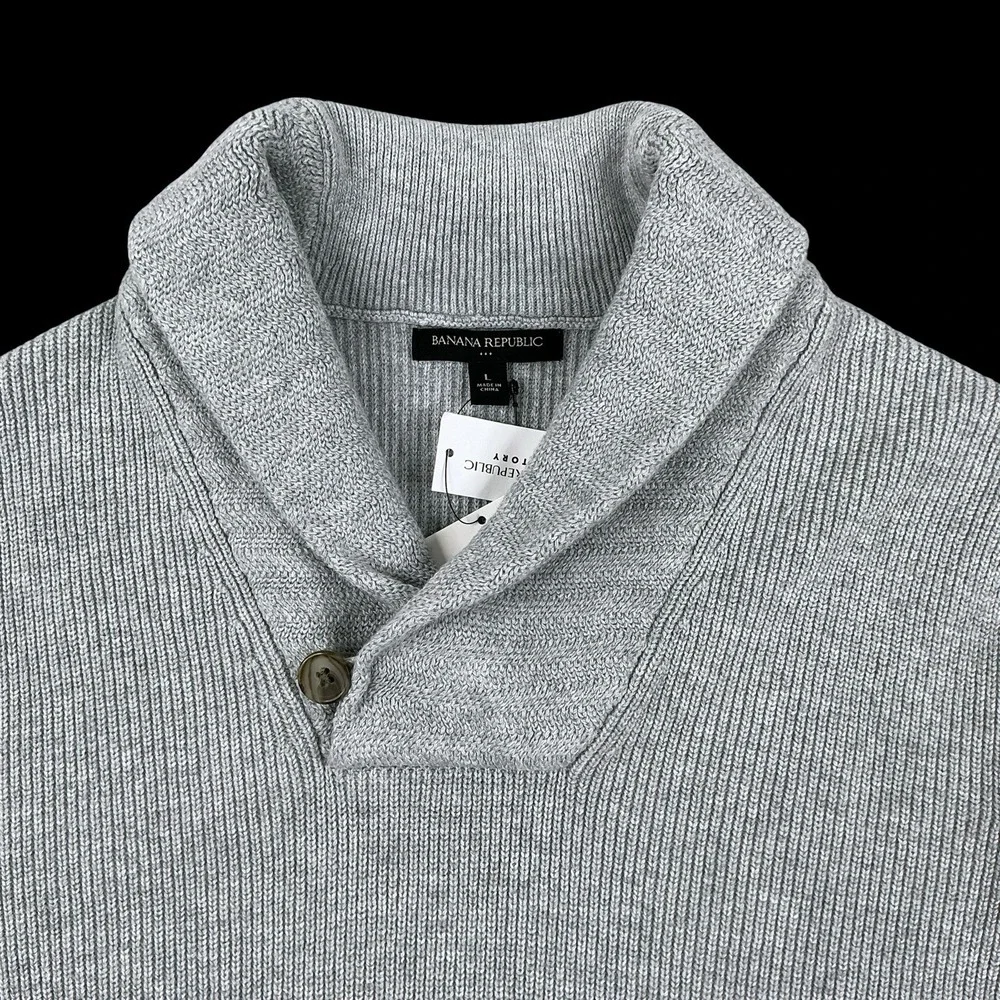 Banana Republic Sweater Men Large Gray Shawl Collar Pullover Long Sleeve NWT